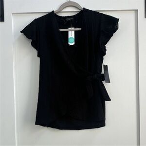 Chic Black Wrap Blouse with Ruffle Sleeves
